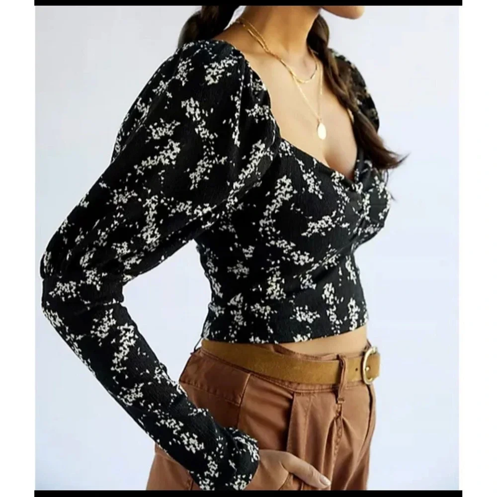 Anthropologie Blouse L Black Floral Puff Sleeve Sweetheart Crop Romantic Boho